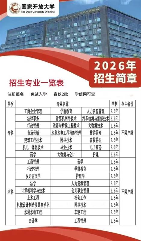 26春季国开火热报名中~国家认可,免试入学